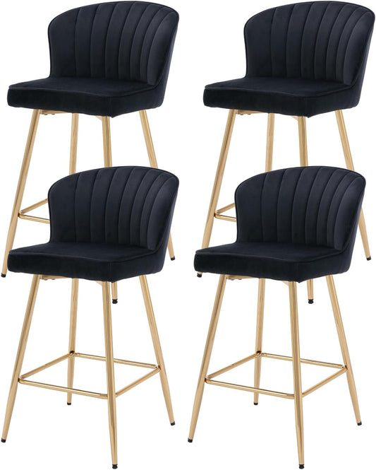 chairus Breakfast Bar Stools Set of 4 Kitchen Stools, Modern Velvet Bar Chairs with Metal Legs, Black - QUORE