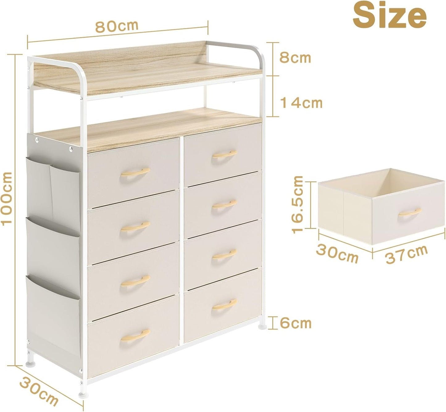 Ladekast – Dressoir – Opbergkast – Kledingkast – Kastje – 8 Stoffen Lades – Metalen Frame – 2-Laags Houten Bovenblad – Beige