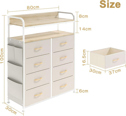 Ladekast – Dressoir – Opbergkast – Kledingkast – Kastje – 8 Stoffen Lades – Metalen Frame – 2-Laags Houten Bovenblad – Beige