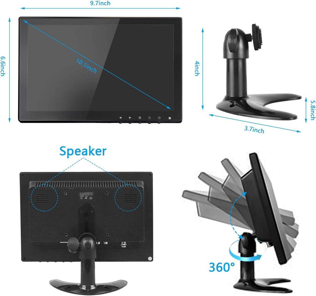 CCTV-monitor, 10,1 inch, IPS LCD HDMI kleurenscherm, 1280 x 800 brede kijkhoek met AV/VGA/HDMI/BNC/AUX/audio-aansluitingen, ingebouwde luidspreker voor thuisbeveiliging, CCTV-IP-camera, pc-monitor