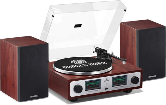 ANGELS HORN Vintage platenspeler, HiFi Bluetooth platenspeler met plankluidsprekers, ingebouwde phono-voorversterker, 2-speed riemaandrijving, stappenbediening, pick-up AT-3600L