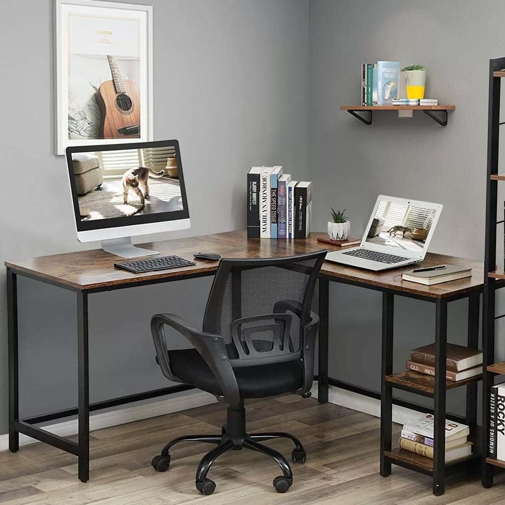 BAKAJI L-vormig hoekbureau met boekenkast met 2 planken, werktafel voor pc, frame van zwart metaal en tafelblad van hout in antieke look, kantoorinrichting, industriële stijl