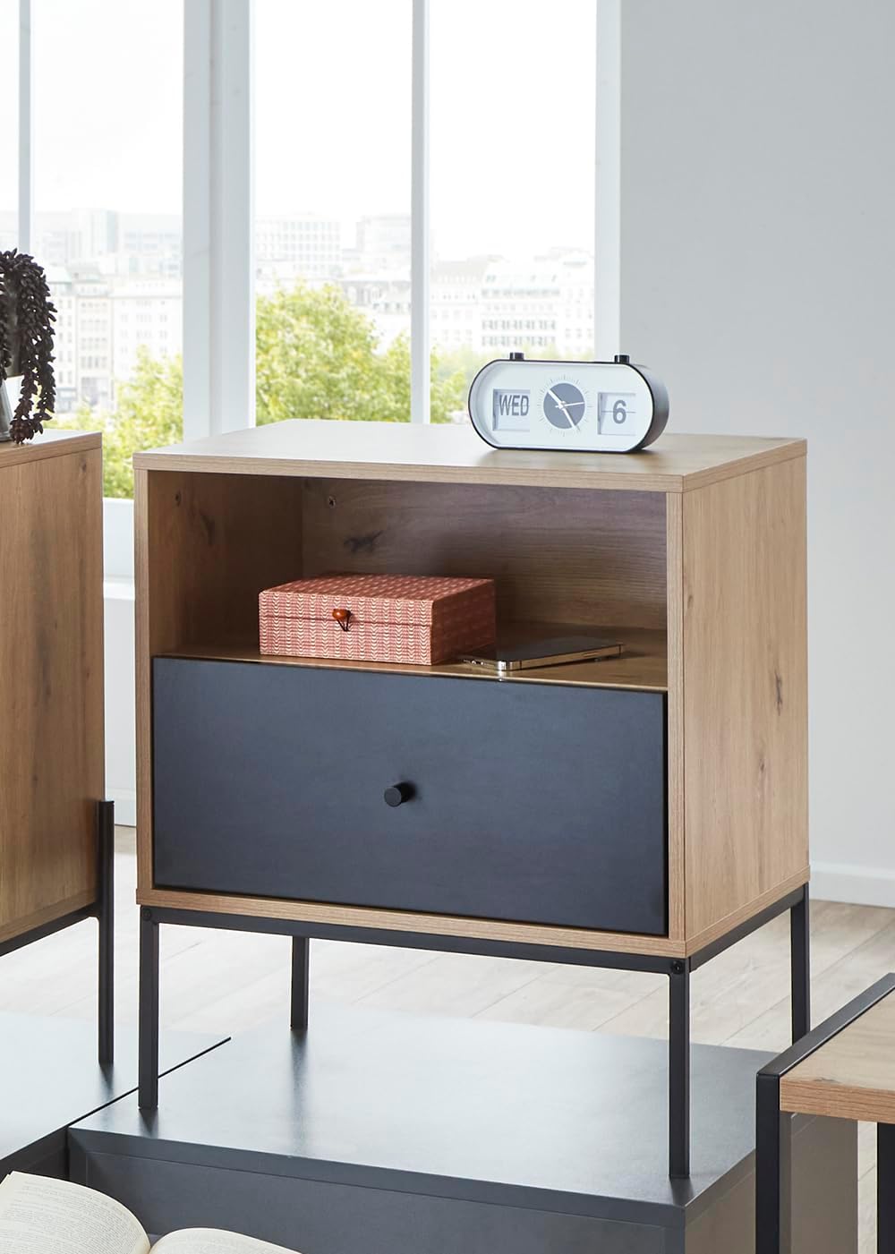 HAKU Console eiken, zwart, MDF, metaal - Maat: B 55 cm x H 60 cm x D 42 cm, Stijl: Modern