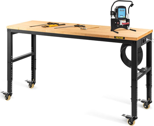 VEVOR Workbench for Workshop, Garage, 122 x 51 x 104 cm, Height Adjustable Work Table, 79-104 cm, Steel Frame, Multifunctional, with 4 Wheels for DIY Repairs