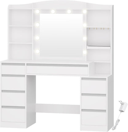 Hzuaneri Makeup table with 8 drawers, large mirror with RGB LED lighting, integrated jewellery shelf, 100 cm wide worktop with bedside table, white DT41103XEU
