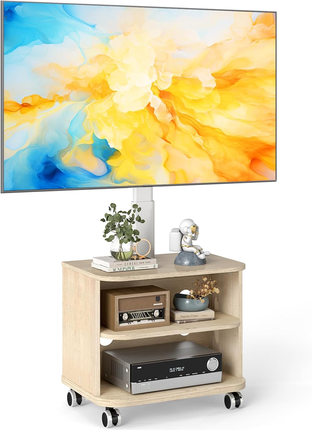 5Rcom Witte TV-standaard op wielen voor 32-65 inch LED LCD OLED plasma platte gebogen tv's, in hoogte verstelbare tv-kast met beugel tot 40 kg, mobiele tv-standaard met houten planken Max VESA