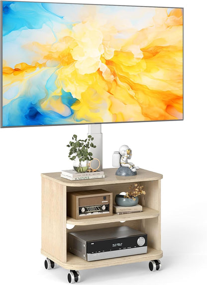 5Rcom Witte TV-standaard op wielen voor 32-65 inch LED LCD OLED plasma platte gebogen tv's, in hoogte verstelbare tv-kast met beugel tot 40 kg, mobiele tv-standaard met houten planken Max VESA