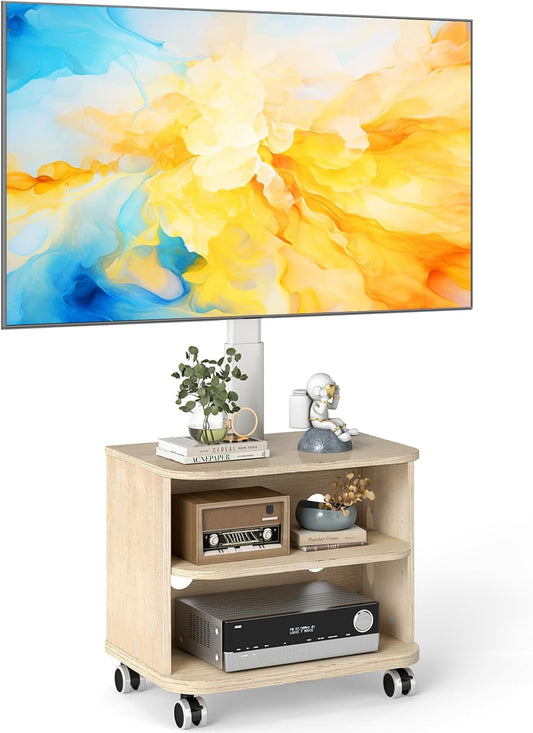 5Rcom Witte TV-standaard op wielen voor 32-65 inch LED LCD OLED plasma platte gebogen tv's, in hoogte verstelbare tv-kast met beugel tot 40 kg, mobiele tv-standaard met houten planken Max VESA