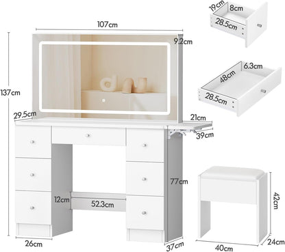 Make-uptafel – Kaptafel – Make-up Meubel – Schminktafel – Make-up Bureau – 7 Laden Opbergruimte – 3 Kleurverlichting Met USB & Stopcontact