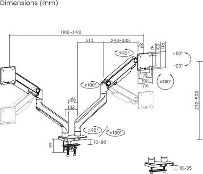 DIGITUS monitorbeugel – 2 schermen – tot 45 inch – draagvermogen 20 kg – mechanische veer – voor platte en gebogen monitoren – VESA 75x75 100x100 – draaien, zwenken, kantelen – zwart