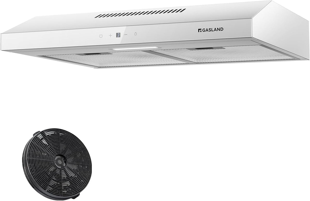 GASLAND SR60WS Afzuigkappen, 60 cm, circulatiemodus, stille afzuiging 214 m³/h, 3 standen touch-bediening, hangende kappen met koolstoffilter CF158, wit metaal met glazen kap