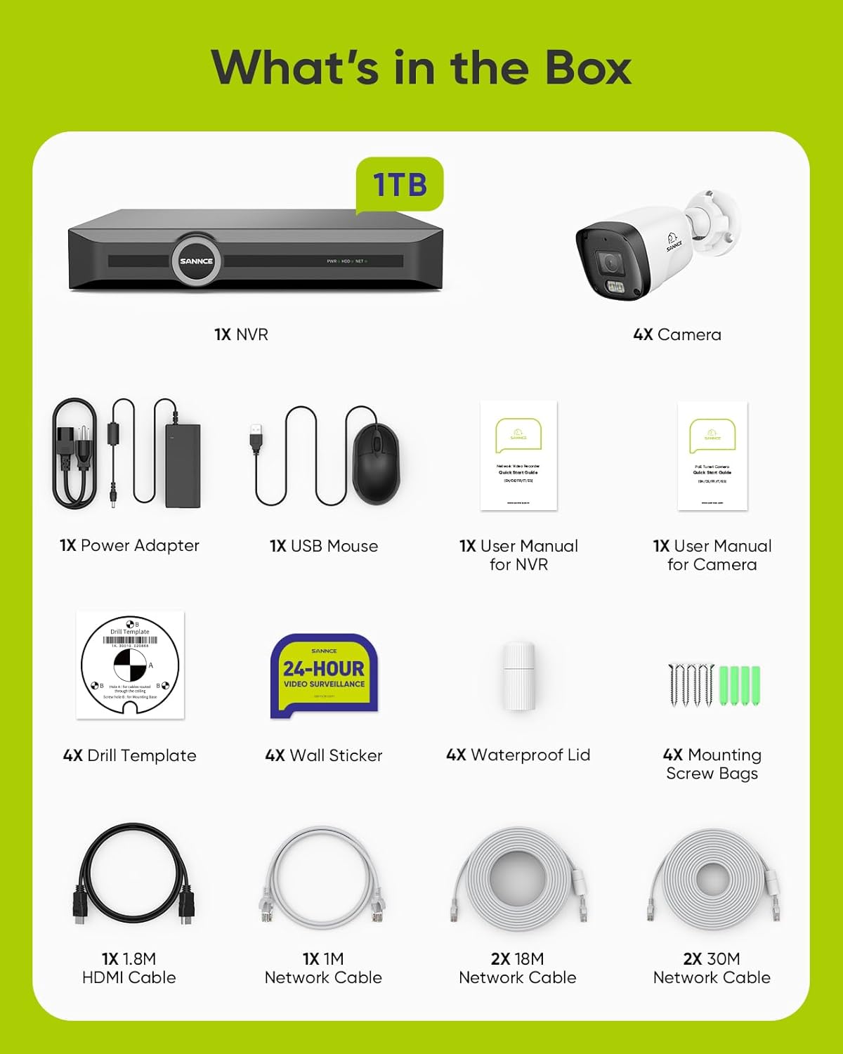 SANNCE PoE Bewakingscameraset, 5MP, 8CH NVR + 4 x 3 MP, waterdichte camera met 1 TB harde schijf, smart IR-leds, bewegingsdetectie, app-alarm, nachtzicht tot 20 meter