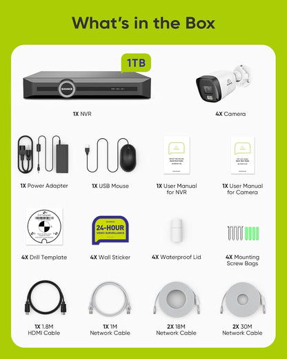 SANNCE PoE Bewakingscameraset, 5MP, 8CH NVR + 4 x 3 MP, waterdichte camera met 1 TB harde schijf, smart IR-leds, bewegingsdetectie, app-alarm, nachtzicht tot 20 meter