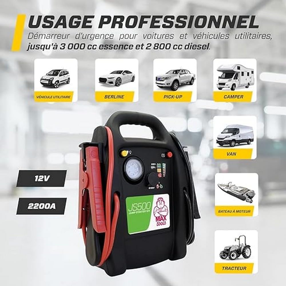 MAXTOOLS JS500 2200 A 22 Ah, noodstarter voor auto's en bestelwagens, 12V-diesel- en benzinemotoren, startstarter, met LED-zaklamp, USB-poort en startkabels