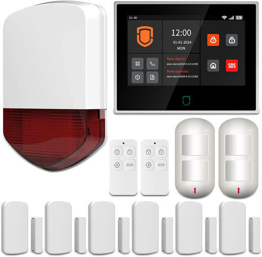 Wolf Guard WT4F-01A 4G + wifi-alarminstallatie voor thuis, 7 inch touchscreen, Tuya Smart complete systemen met app/SMS/telefoonoproepalarm, 110 dB buitensirene, bewegingsmelder, deur-/raamsensoren