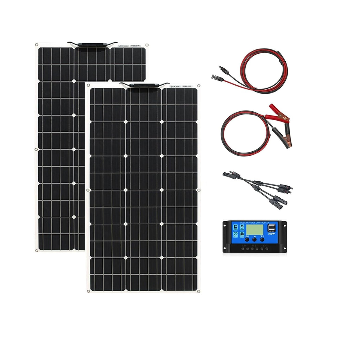 200W 12V Kit Flexibel Zonnepaneel 2 stuks 100W 12V Monokristallijn Zonnepaneel systeem met 20A Solar Laadregelaar voor RV, Boot, Auto, Caravan, Camping, batterij 12V/24V