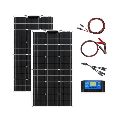 200W 12V Kit Flexibel Zonnepaneel 2 stuks 100W 12V Monokristallijn Zonnepaneel systeem met 20A Solar Laadregelaar voor RV, Boot, Auto, Caravan, Camping, batterij 12V/24V