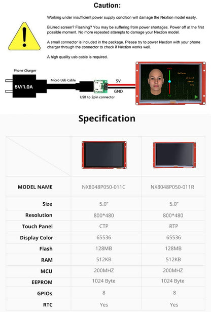 Nextion Display Intelligent NX8048P050-011C Intelligent 5 inch capacitief touchscreen 800 x 480 Seriële LCD TFT HMI weergavemodule NX8048P050-011C ondersteunt audio