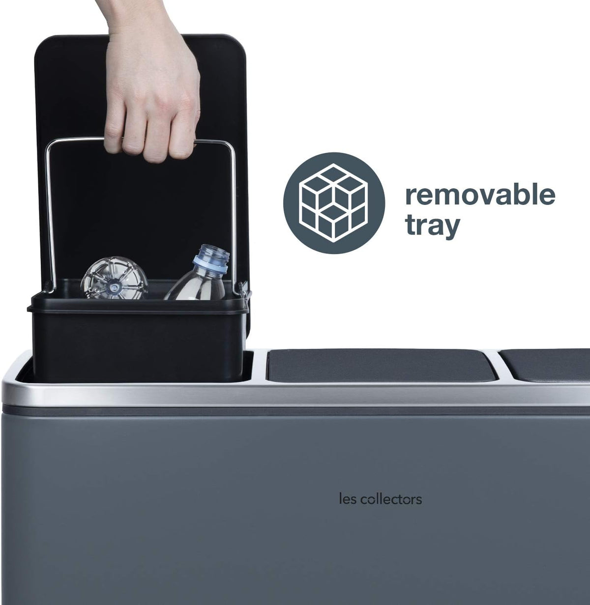 Les Collectors Stainless Steel Sorting Trash N°984, Dark Grey, Capacity 60 L, Resistant, Kitchen, 2 Removable Inner Buckets, Recycling, Waste Selective Sorting, Soft-Close Lid