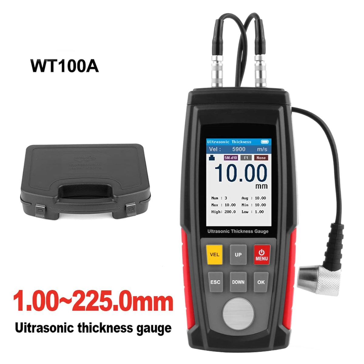 ultrasoon diktemeter, WT100A digitaal ultrasoon diktemeter handmatig ultrasoon diktemeter meetbereik 1–225 mm