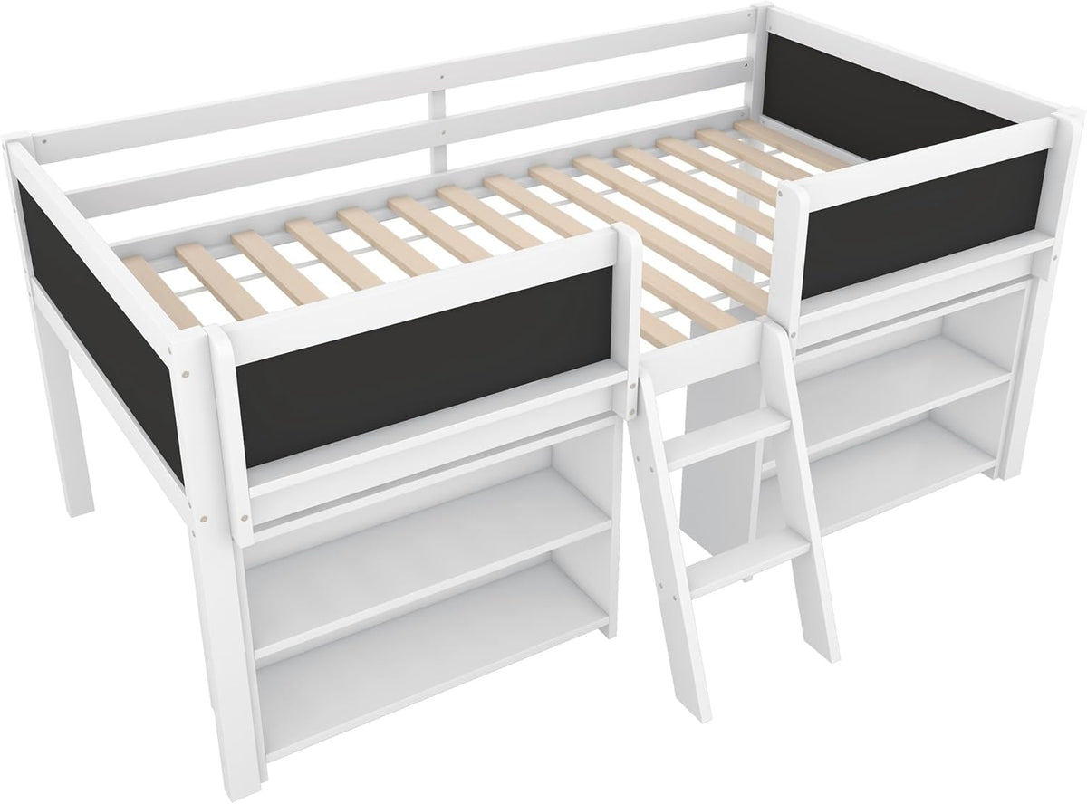 Children's Bed with Shelf, Slatted Frame, Ladder and Fall Protection, Teenage Bed, Single Bed, Wooden Pine Bed (White, 90 x 200 cm) - QUORE