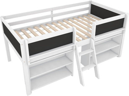 Children's Bed with Shelf, Slatted Frame, Ladder and Fall Protection, Teenage Bed, Single Bed, Wooden Pine Bed (White, 90 x 200 cm) - QUORE