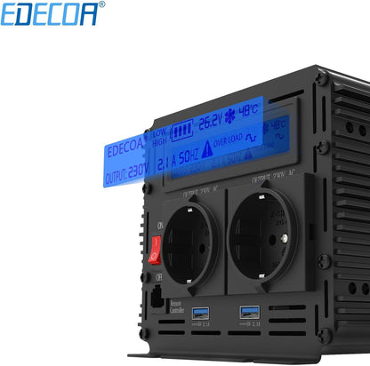 EDECOA 2000W Omvormer 24V naar 220V 230V Spanningsomvormer Gewijzigde Sinus Inverter Modified Sine Wave met Afstandsbediening LCD Scherm 2 EU Stopcontacten 2 USB Poorten