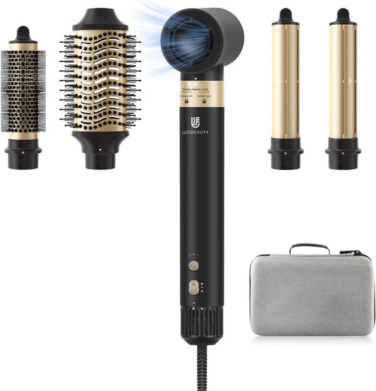 webeauty 6-in-1 haarstyler, 110.000 omw/min, 25 m/s, haardroger met hoge snelheid met warme luchtborstel, ronde borstelföhn, airkrultangen, koffer, 500 miljoen negatieve ionen airstyler, zwart
