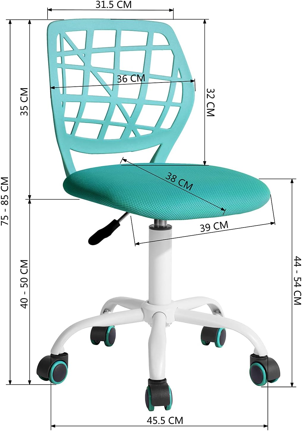 FurnitureR 2 stuks Home Office-stoel, ergonomische verstelbare hoogte draaibare rolstoel, computerstoel voor thuis, kantoor en studie, metaal, roze, turquoise, 38,5 cm x 40 cm x 75-87 cm