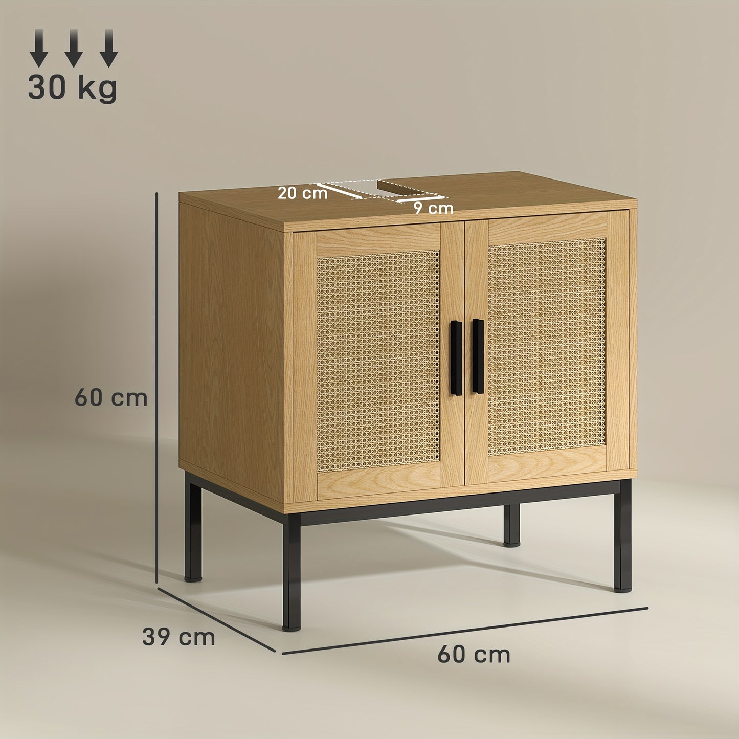 Badkamerkast – Wastafelonderkast – Onderkast – Opbergkast – Kolomkast – Eiken Kleur – Rattan Look – Anti-Kantel Bescherming – 60 x 39 x 60 cm
