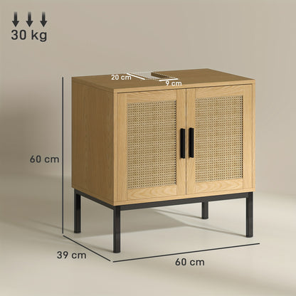 Badkamerkast – Wastafelonderkast – Onderkast – Opbergkast – Kolomkast – Eiken Kleur – Rattan Look – Anti-Kantel Bescherming – 60 x 39 x 60 cm