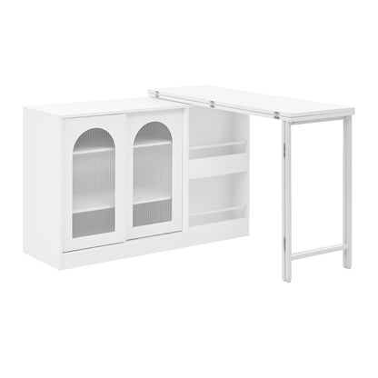 Adjustable Height Telescopic 360° Swivel Bar Table with Reversible & Glass Doors - White Metal Modern Dining Table/Kitchen Island for Office, Coffee Bar, Space-Saving Furniture (Easy Assembly, No Wood Components)