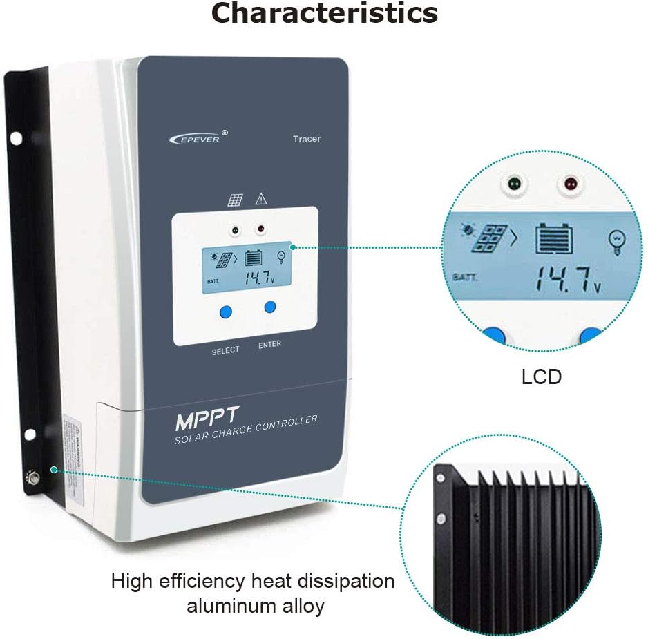 EPEVER 60A MPPT Solar Charge Controller 12V/24V/36V/48V met LCD Display, Open Circuit Voltage tot 150V voor Sealed, GEL, Flooded en User - Tracer 6415AN