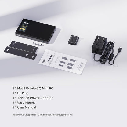 MeLE Fanless Mini PC Quieter3Q N5100 8 GB geheugen 256 GB, opslag, SSF microcomputer, kleine desktop USB-C PD3.0, Gigabit Ethernet, Dual HDMI, automatisch inschakelen voor IoT en industrie