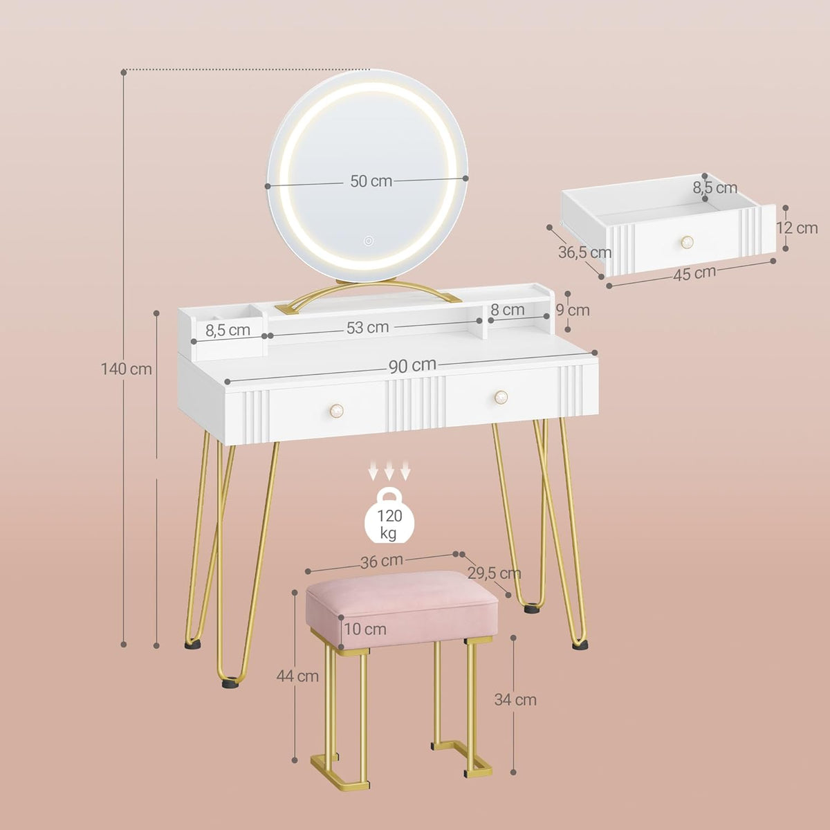 Hzuaneri Dressing Table with Stool and Lighting,Dressing Table with Mirror,40×90×140CM,Dressing Table with Drawers,Pink Upholstered Stool,Bedroom,Modern,Matte White and Gold,DT42403XEU