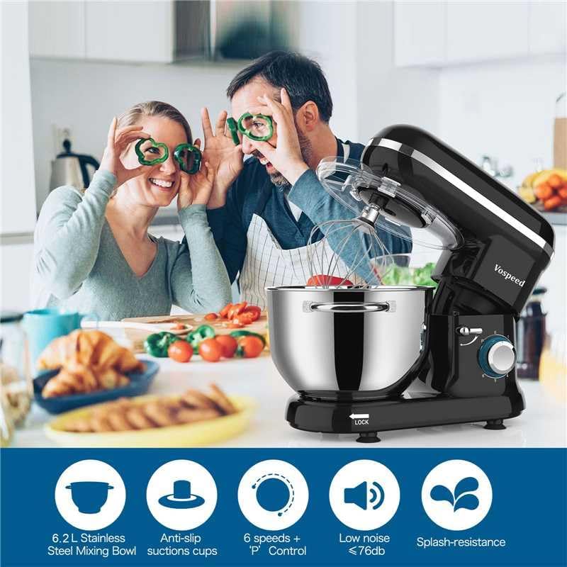Keukenmachine – Kneedmachine – Keukenmixer – Deegmixer – Standmixer – Zwart – 1500W Motor – 6,2QT Rvs Kom