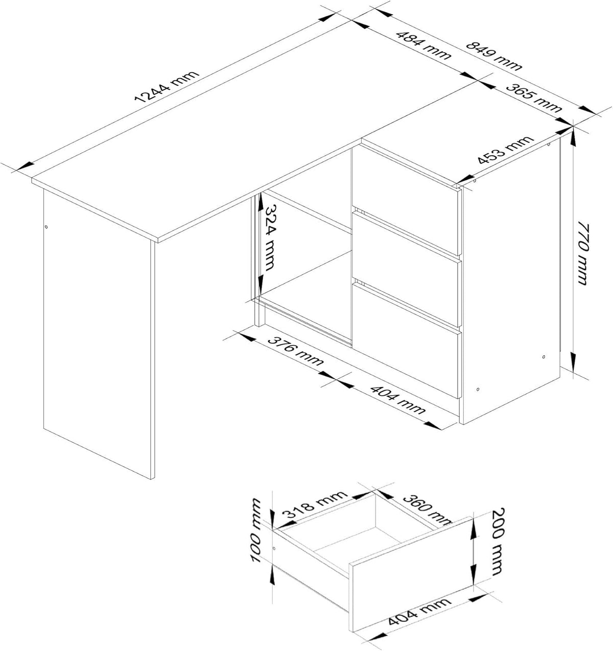 AKORD Corner Desk B-16 with 3 Drawers and 2 Shelves, Corner Desk for Home Office, L124 x H77 x D85, 48 kg, Sonoma Oak and White Front - QUORE