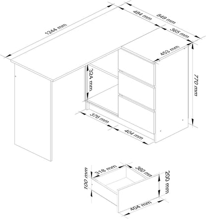AKORD Corner Desk B-16 with 3 Drawers and 2 Shelves, Corner Desk for Home Office, L124 x H77 x D85, 48 kg, Sonoma Oak and White Front - QUORE
