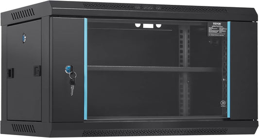 VEVOR 6U Netwerkserverkast voor wandmontage, 15,5 inch diep, serverrackkast behuizing, max. op de grond gemonteerde belastbaarheid, met zijpanelen met vergrendelende glazen deur, voor IT-apparatuur, A