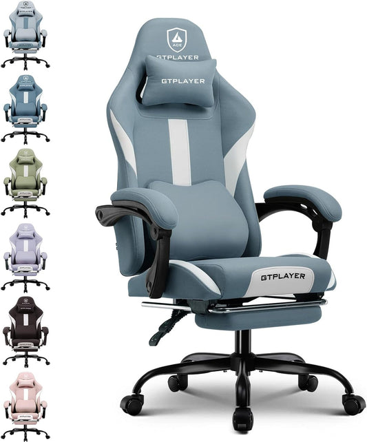 GTPLAYER Gaming Chair, Gamers Chair, Breathable Office Chair Made of High Quality Fabric, Ergonomic PC Chair, Adjustable and Swivel Office Chair with Footrest, Blue - QUORE