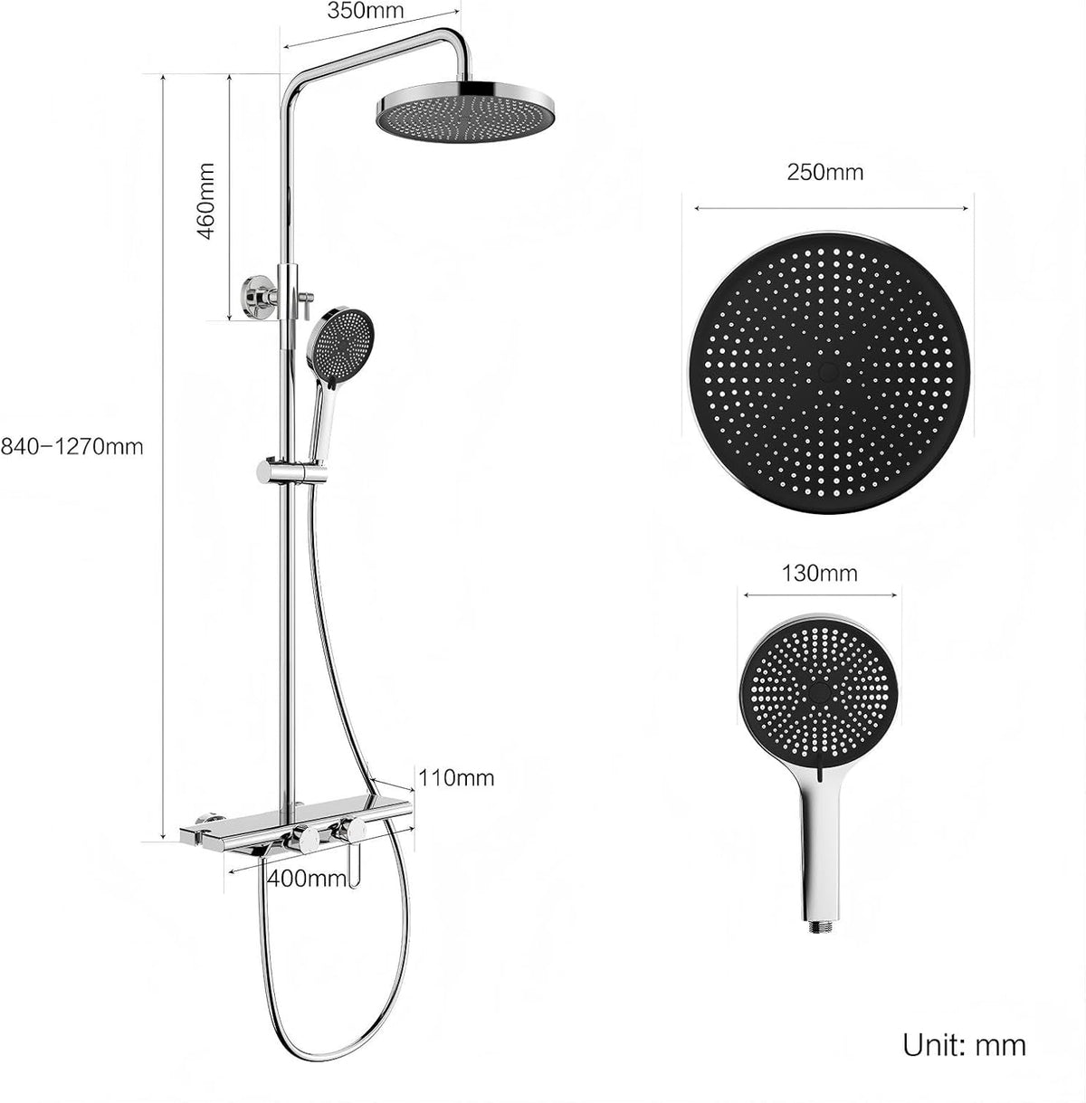 Douchesysteem – Douche Set – Regendouche – Handdouche – Watervaluitloop – Inclusief Glazen Plank – 5 Sproeistanden – 25 cm Regendouche