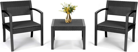 Sekey Balkonmeubelset, 3-delige tuinmeubelset van PE-polyrotan, weerbestendig, tafel en 2 stoelen met zitkussen, zitgroep, loungeset, terrasmeubel voor terras, balkon, tuin, antraciet