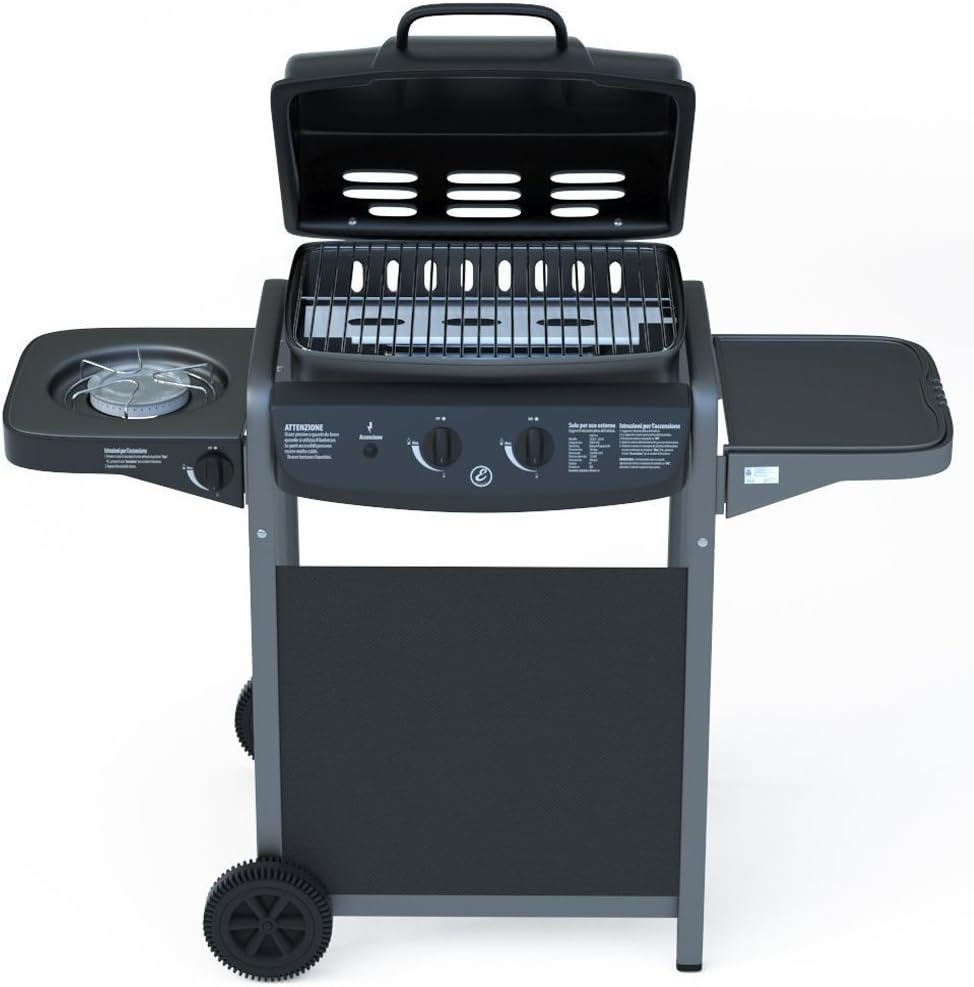 BBQ gasbarbecue met thermometer, zijbrander, voor tuin, picnic en terrazzo - staal zwart gelakt en ABS - (112 x 52,5 x 96.5 cm)
