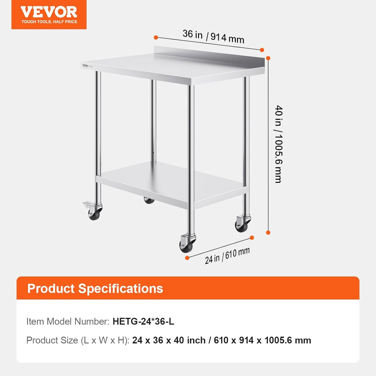 VEVOR Commercial Food Wheels, 24 x 36 x 40 cm, Heavy Duty Work Table, Metal Work Table with Adjustable Height for Restaurant, Home and Hotel, Silver, 61 x 90 x 100 cm