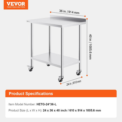 VEVOR Commercial Food Wheels, 24 x 36 x 40 cm, Heavy Duty Work Table, Metal Work Table with Adjustable Height for Restaurant, Home and Hotel, Silver, 61 x 90 x 100 cm