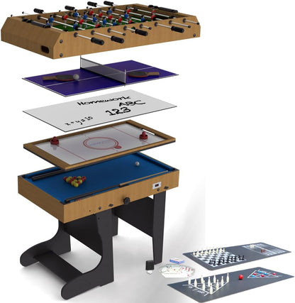 Riley 12-in-1 4ft multi-purpose table, including table football and billiards, with whiteboard and real electric air hockey table, complete with all accessories for all games - QUORE