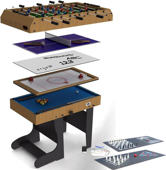 Riley 12-in-1 4ft multi-purpose table, including table football and billiards, with whiteboard and real electric air hockey table, complete with all accessories for all games - QUORE