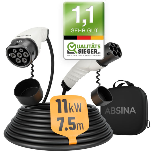 ABSINA Type 2 oplaadkabel 11 kW & 16 A voor hybride en elektrische auto, 7,5 meter, type 2 oplaadkabel, 3-fase, mode 3 oplaadkabel, compatibel met model 3, e-Up, ID.3, Zoe, EQ fortwo, Kona Electrisch