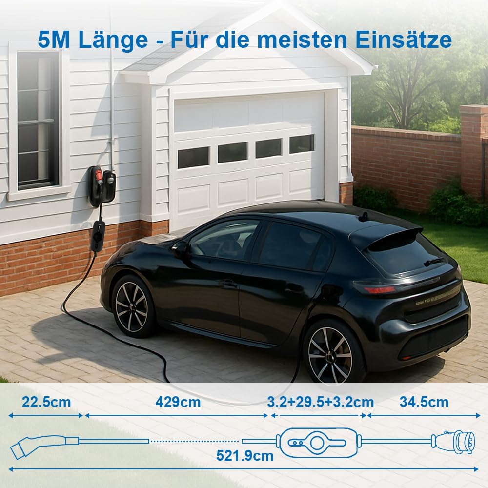 11 kW type 2 draagbare oplaadkabel elektrische auto 5 m zwart EV oplader met bestuurbaar digitaal display en CEE 3-fasig industriële stekker voor IEC 62196-2 en PHEV/EV