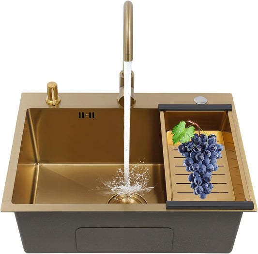 Stainless Steel Washbasin 45 x 60 cm, Gold, Sink with Tap and Drainer, Fitted Kitchen, Rectangular Sink, Built-in Kitchen Sink for Worktop, Sink for Kitchen, Bathroom, Guest Toilet - QUORE